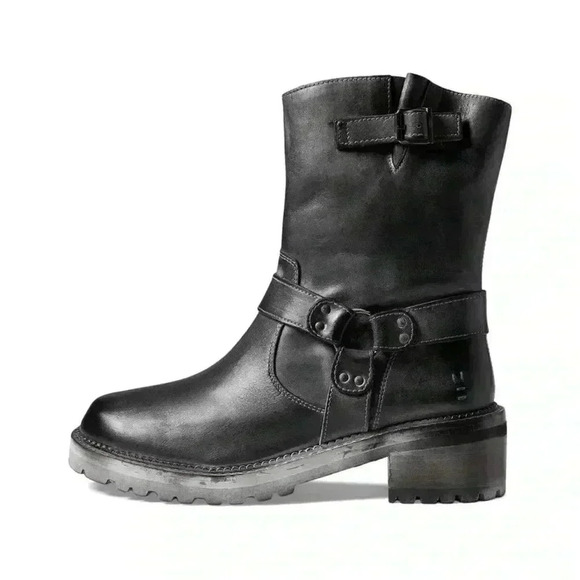 ROAN Bed Stu Distressed Biker Boots Size 7 Black Harness Western Ankle Combat - Picture 1 of 12